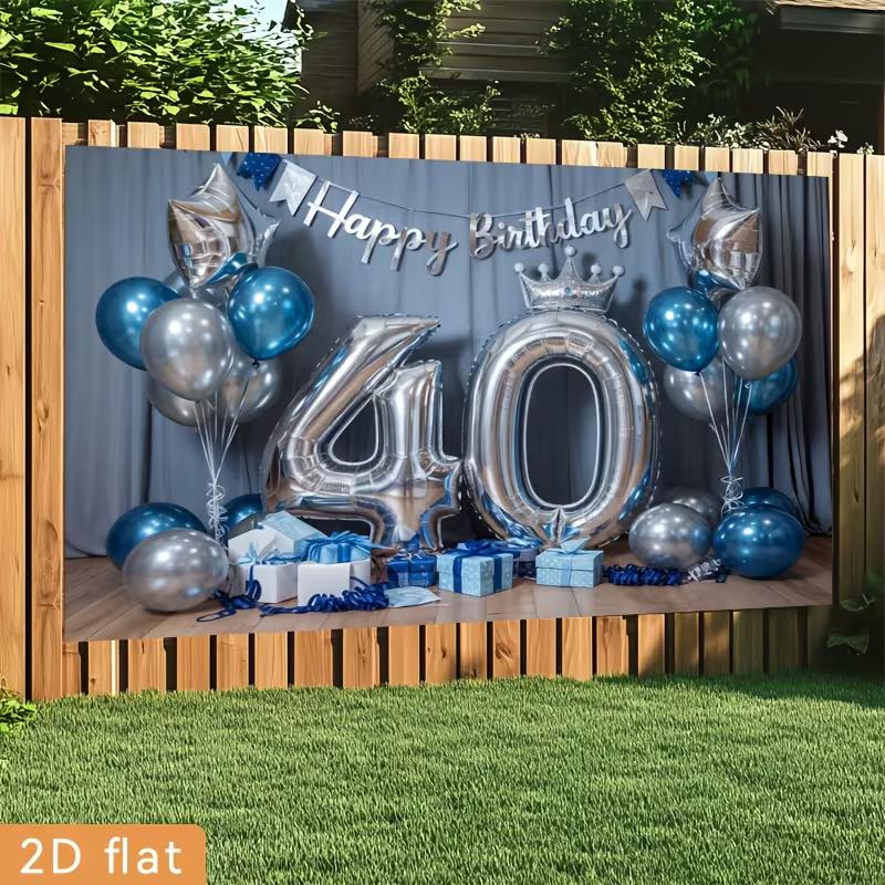 2D Blue Silver 40th Birthday Photography Backdrop Crown & Balloon Party Background