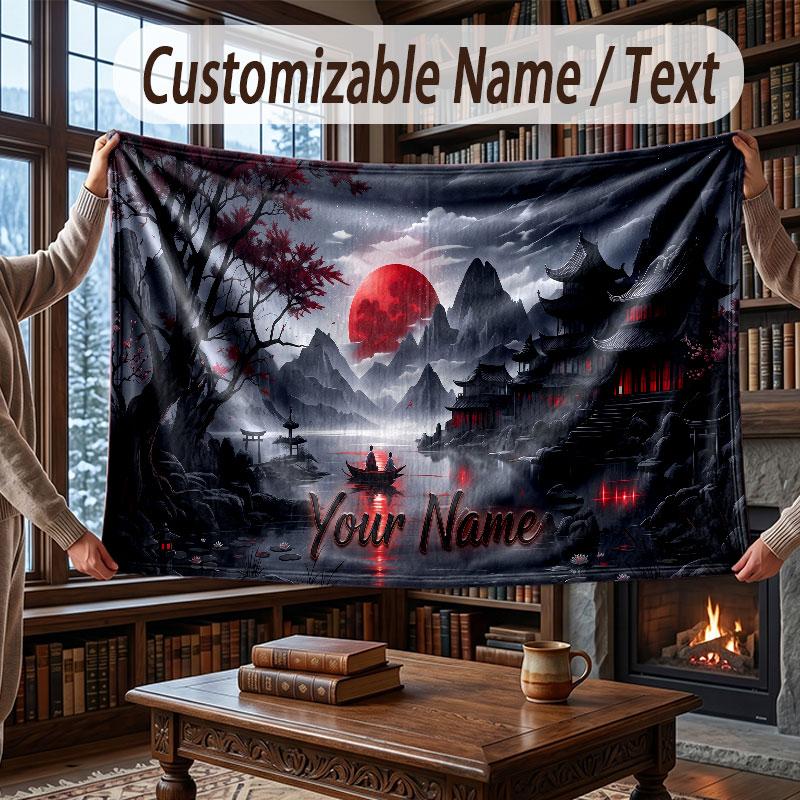 Mountain Landscape Theme Throw Blanket Custom Name Text Personalized Blanket Soft Cozy Blanket for Home Sofa Bed