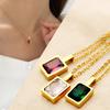 Women's Trendy Square Zircon Crystal Sugar Cube Pendant 18K Gold Plated Stainless Steel Link Chain Necklace