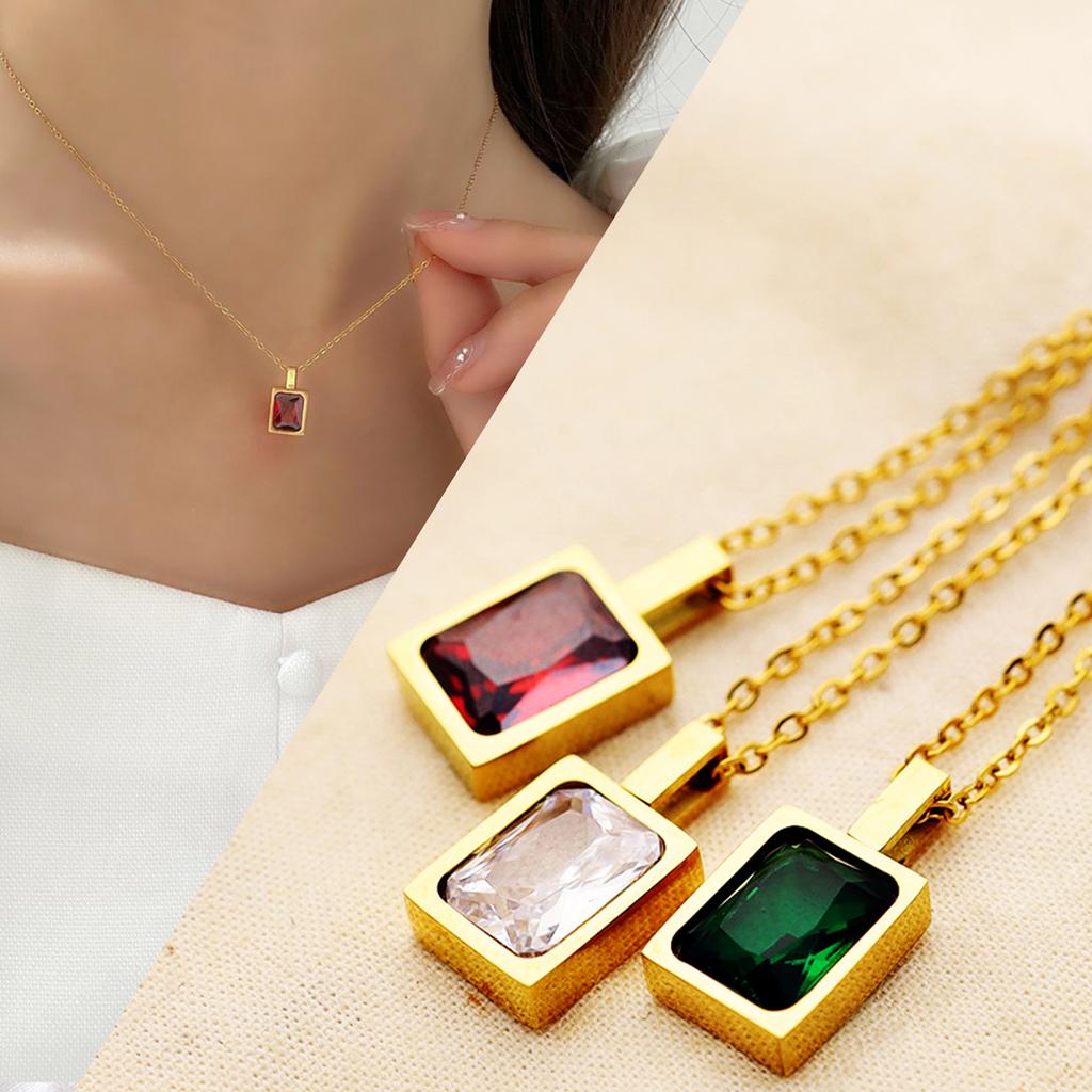 Women's Trendy Square Zircon Crystal Sugar Cube Pendant 18K Gold Plated Stainless Steel Link Chain necklace