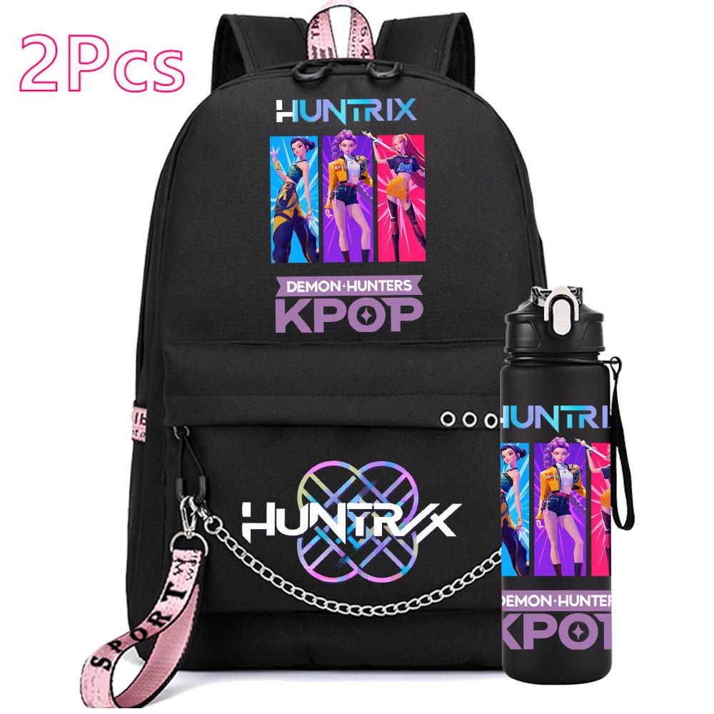 2Pcs/set Anime Cute Kpop Printed Backpack with 750Ml Water Bottler for Teenager Girl Boy Bookbag Kid Gift Large Capacity Travel Bag Rucksak