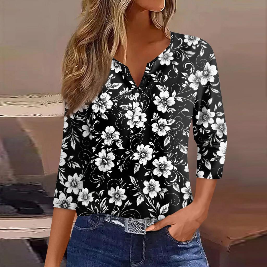 Women's T Shirt Print Button 3/4 Sleeve Daily Weekend Fashion Basic V- Neck Regular Top