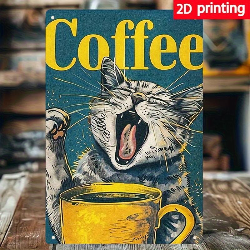 

Vintage Coffee Cat Iron Wall Art Sign Whimsical Retro Design with Feline Cup Illustration Home Bedroom Decor No Electri 20x30cm（7.8x11.8inch）