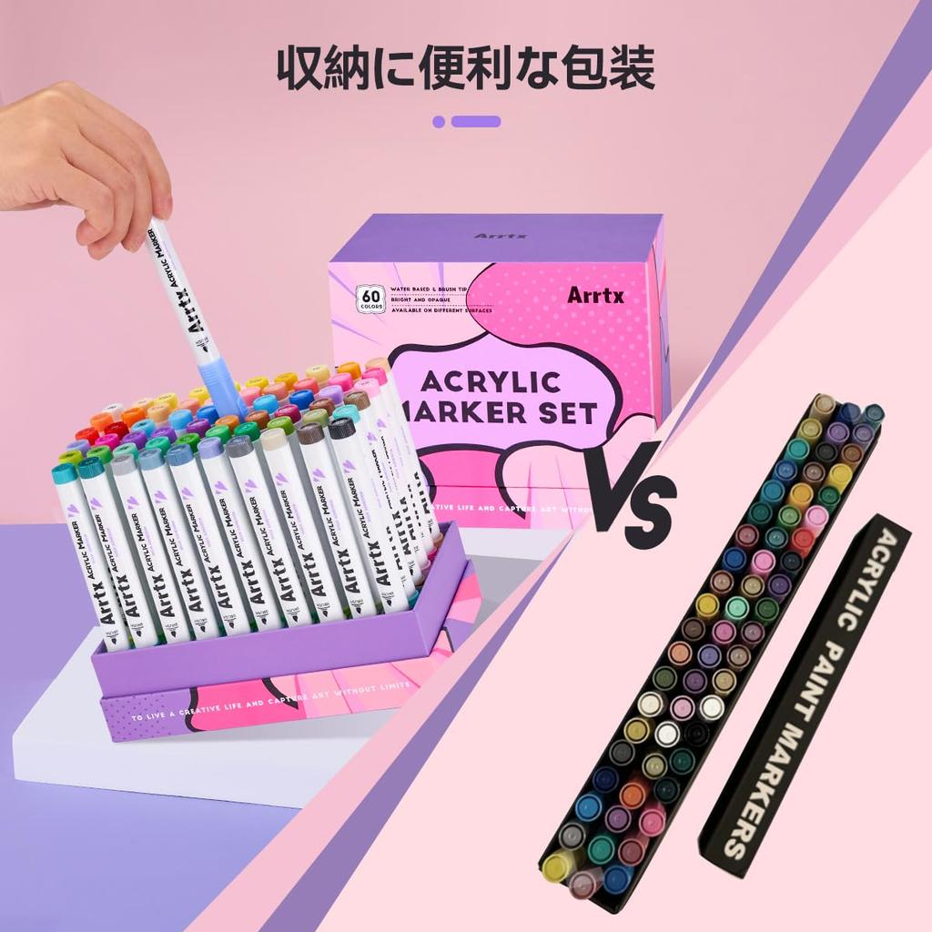 Arrtx 60 Colors Acrylic Paint Acrylic Markers with Flexible Brush Tips for Rock Paint Marker Fabric Waterproof Art Markers for DIY Craft Making Pens,
