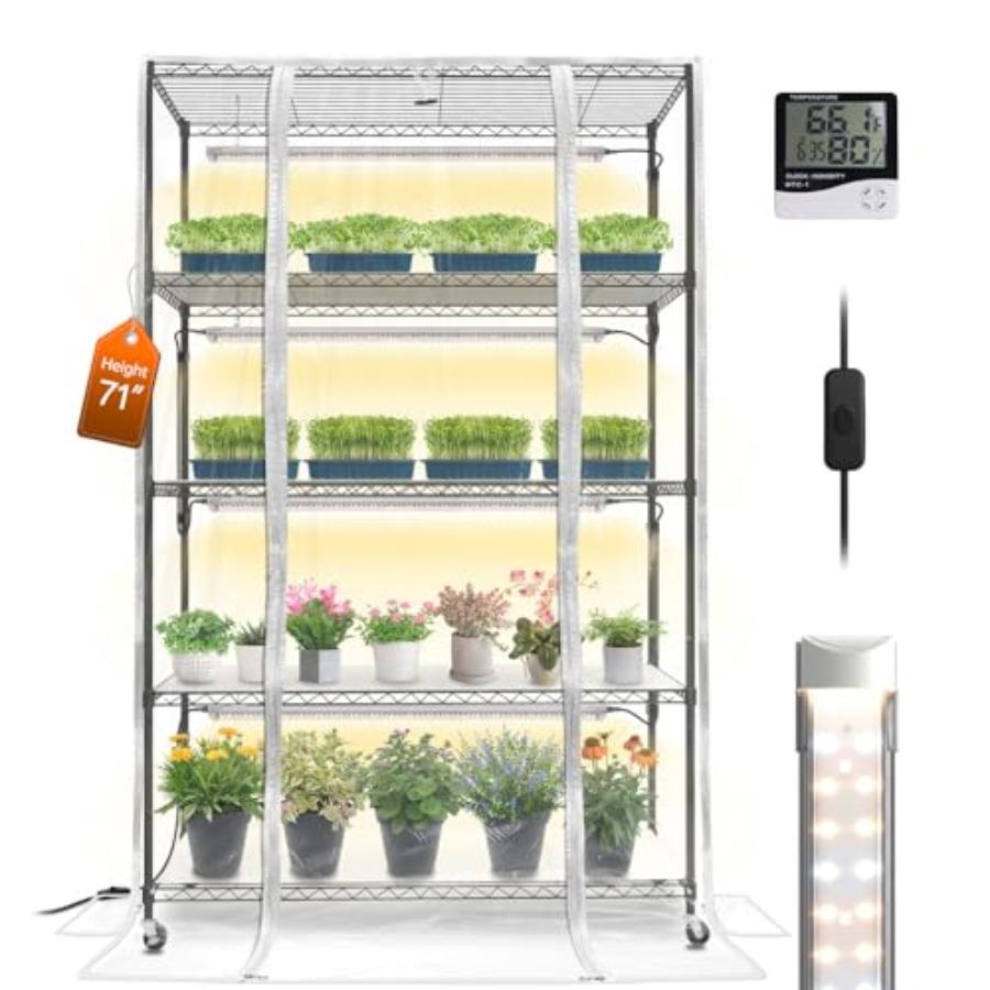 

Indoor Greenhouse with Grow Light Plant Shelf 4 Pack T8 Full Spectrum Plant Lights and Cover Mini Greenhouse for Indoor Plant S прозорий