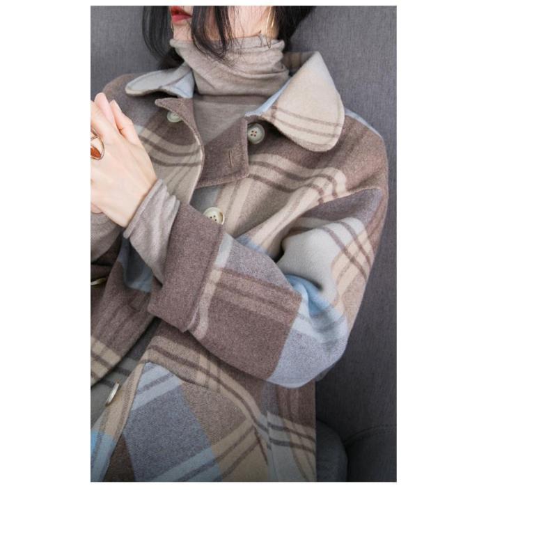 Tooxika Plaid Woolen Coat Winter New Style Over Knee Double-breasted Large Pockets Loose Mid-length Coat