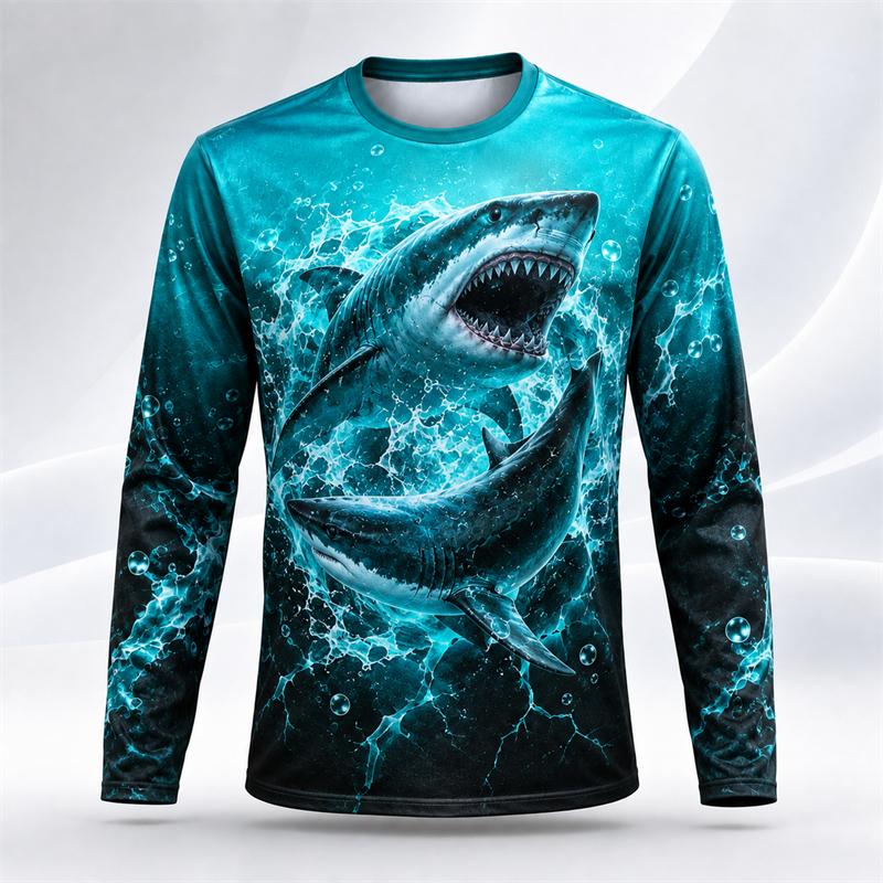 Whale Shark Ocean Pattern Men Long Sleeve Crew Neck T Shirt 3d Print Animal Graphic Top Casual Tee For Ocean Lovers Daily Street