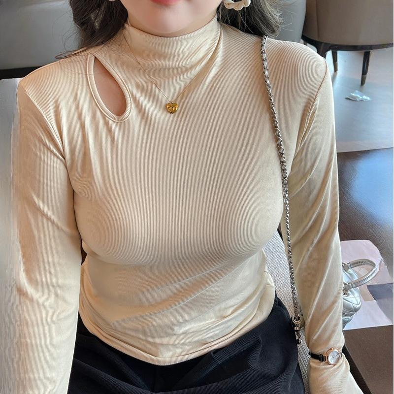 Damen Geripptes Hollow Out Baselayer Oberteil Slim Fit Langarm Unterwäsche mit Einzigartigem Designgefühl für Herbst und Winter