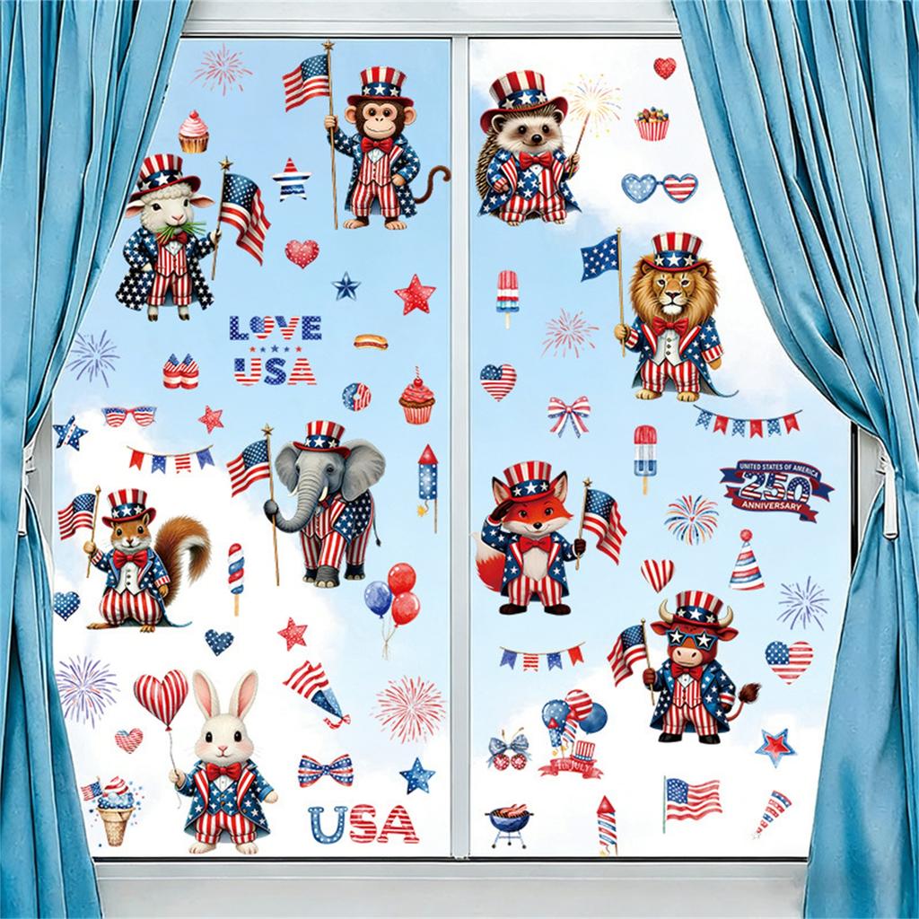 Cartoon American Independence Day Glass Window Stickers, Static Stickers, PVC Animal Celebration Anniversary Window Stickers, Flower Window Stickers