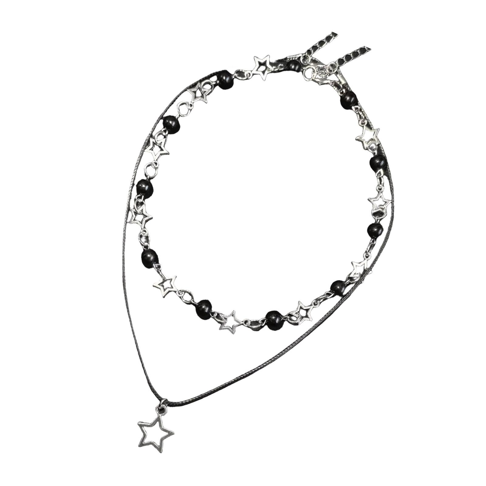 

Ожерелье с подвеской в виде полых пентаграмм и черными бусинами, двухслойная цепочка на шею, регулируемый аксессуар-чокер для девочек