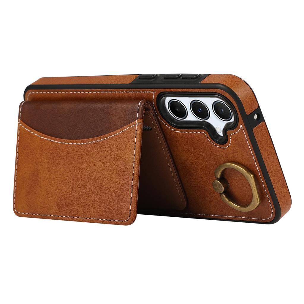For Samsung Galaxy A55 5G PU Leather Back Case Card Holder Kickstand Phone Cover with Wrist Strap