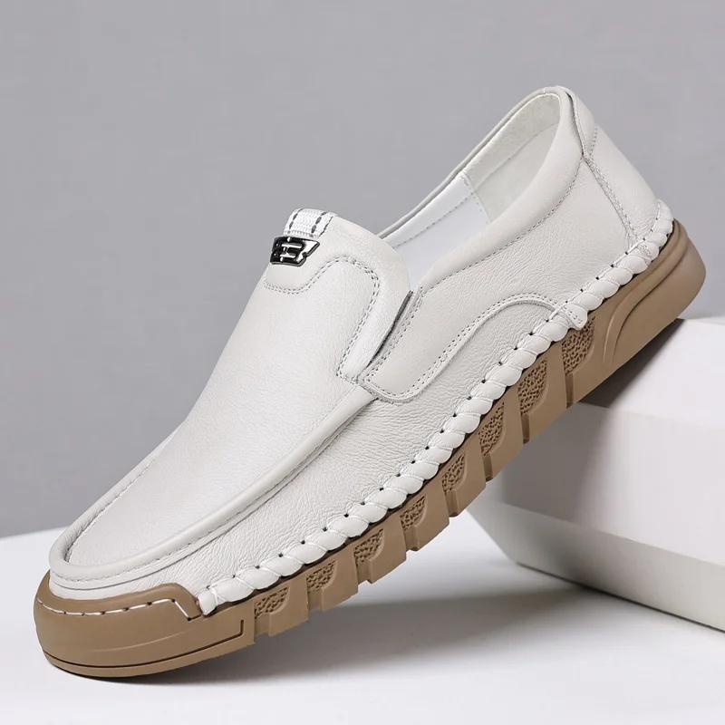 

Hot Four Seasons Retro Loafer Genuine Split Leather Classic Shoes Sewing Comfortable Men Casual Slip-on Club Party Shoe 38 білий