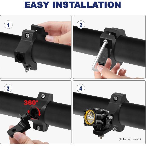 Light Bar Mounts For UTV/Jeep/Truck - Fits 1.75" To 2.25" Big Roll Bars | 24-Position For 360° Rotation, Aluminum Alloy Brackets Durable Holding LED
