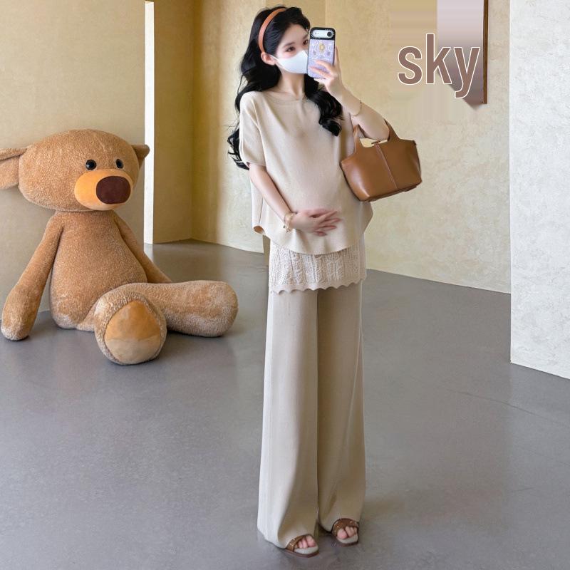 Chic Summer Maternity Knit Top & Lace Trousers Set M