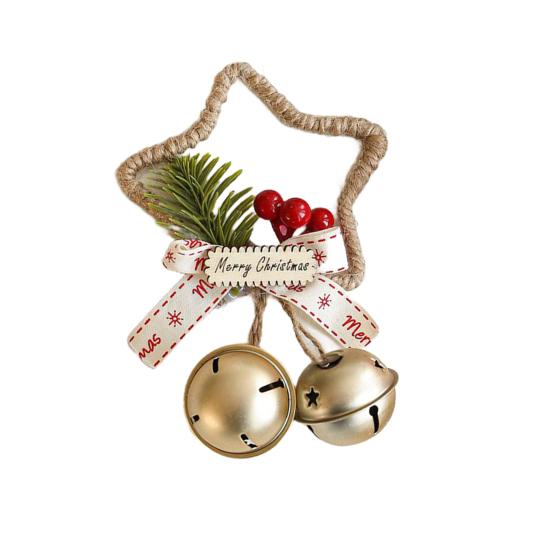 Christmas Jingle Bell Rustic Iron Door Hanging Star Bell with Bow Pine Picks Red Berry for Christmas Wreath Gift Wrapping Craft Home Decor