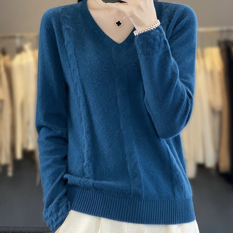 

Autumn Winter V Neck Long Sleeve Cable Knit Sweater Women Top Inner Outer Wear Loose Slim Fit 2XL синий