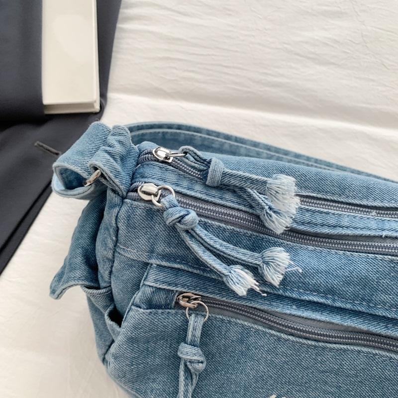 Women Denim Shoulder Bag Vintage Large Capacity Casual Tote Handbag with Multiple Pockets