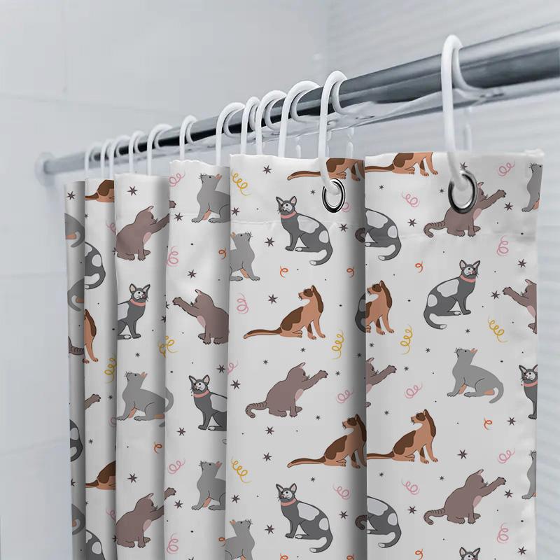 Whimsical Cat Pattern Shower Curtain Multicolored Feline Print For Bathroom Decorations With Hooks Included In White