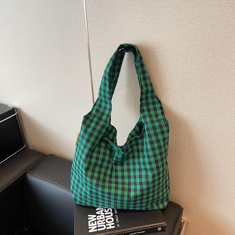 Plaid Canvas Bag Women's Large-capacity New Summer Versatile Shoulder Bag Lightweight Student Class Tote Bag