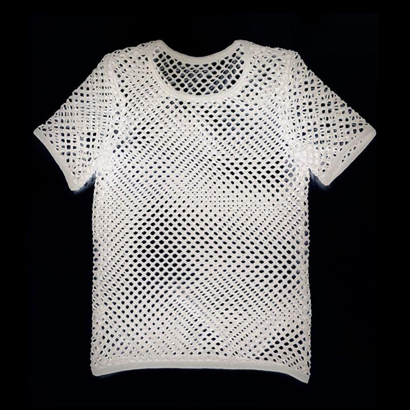 

European American Summer New Large Grid Short Sleeve T-shirt High Waist Mesh Fishnet Breathable Crop Top Midriff Outfit round Neck Cover-up White men s short sleeve M