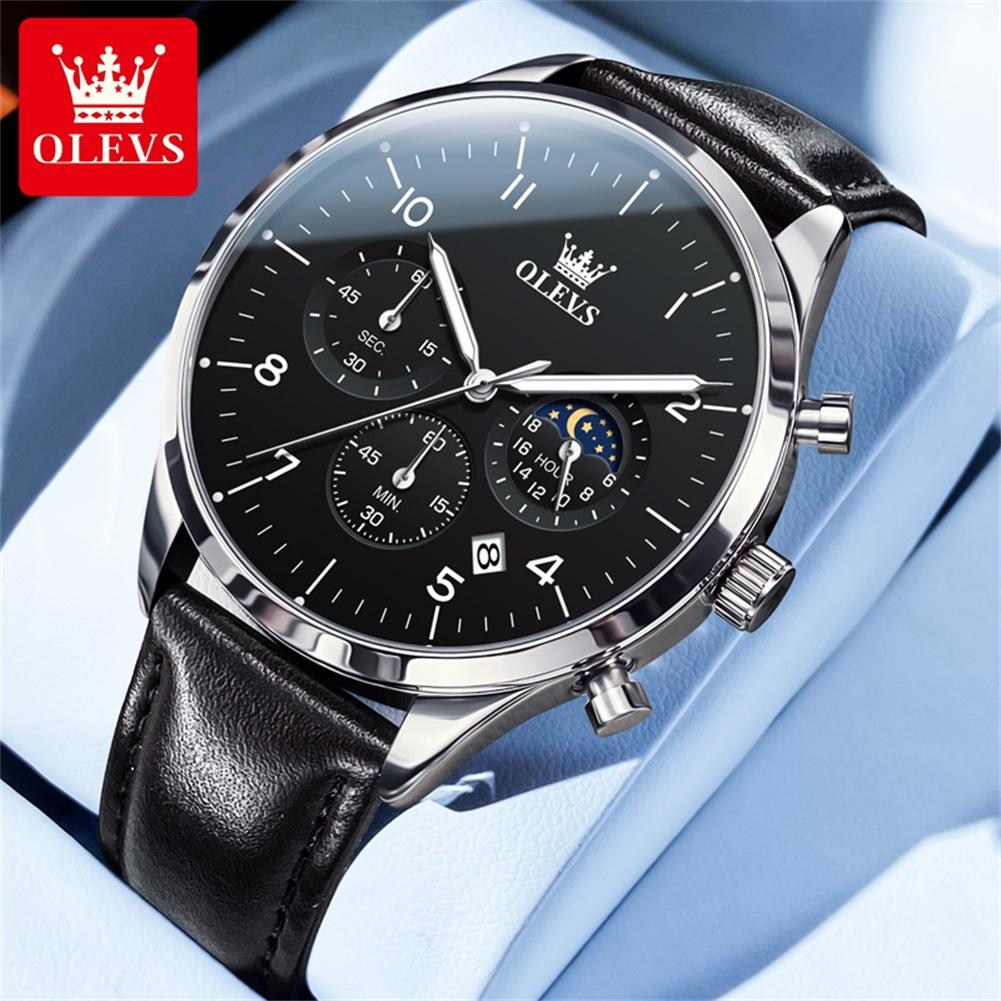 OLEVS Brand Fashion Moon Phase Quartz Watch for Men Leather Waterproof Luminous Calendar 24 Hours Multifunction Mens Watches