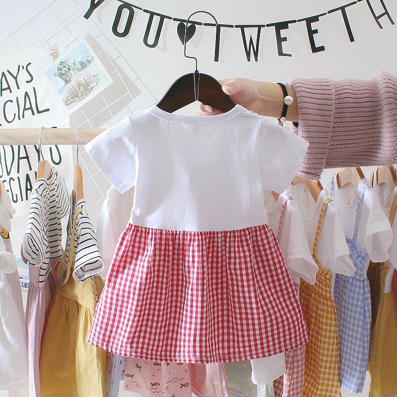 Children Summer Girls Cute Plaid Fake Two Piece Bottoming Short Sleeved Sweet Princess Dress