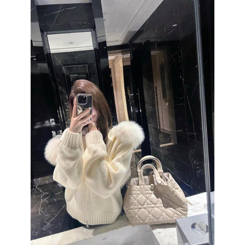 Weißer großer Pelzkragen Kapuze Fuchshaar Strickjacke Damen Herbst Winter Lässiges Gefühl Lockerer Reißverschluss Strickjacke Pullover