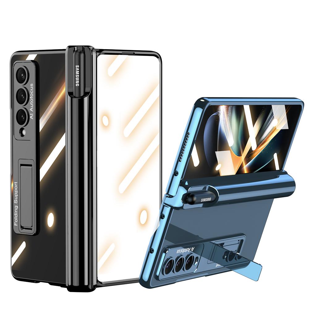 New For Samsung Galaxy Z Fold 4 Hd /Anti -Peep Phone Case Fold4 Trasparent Glass Film Case Cover With Pen Holder Hidden Kickstand