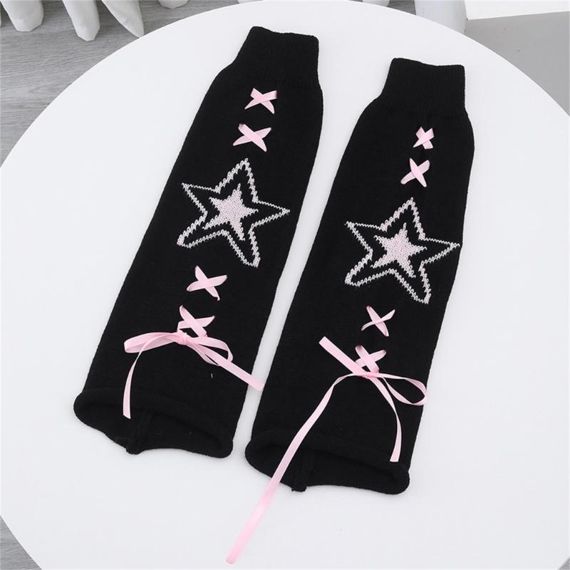 Women's Punk Star Pattern Knitted Leg Warmers with Ribbon Bows Flared Boot Covers Knee Length Socks Japanese Streetwear