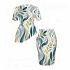 Women Plus Size Tropical Leaf Printed Round Neck Short Sleeve Asymmetric Top Fitted Skirt Two Piece Set