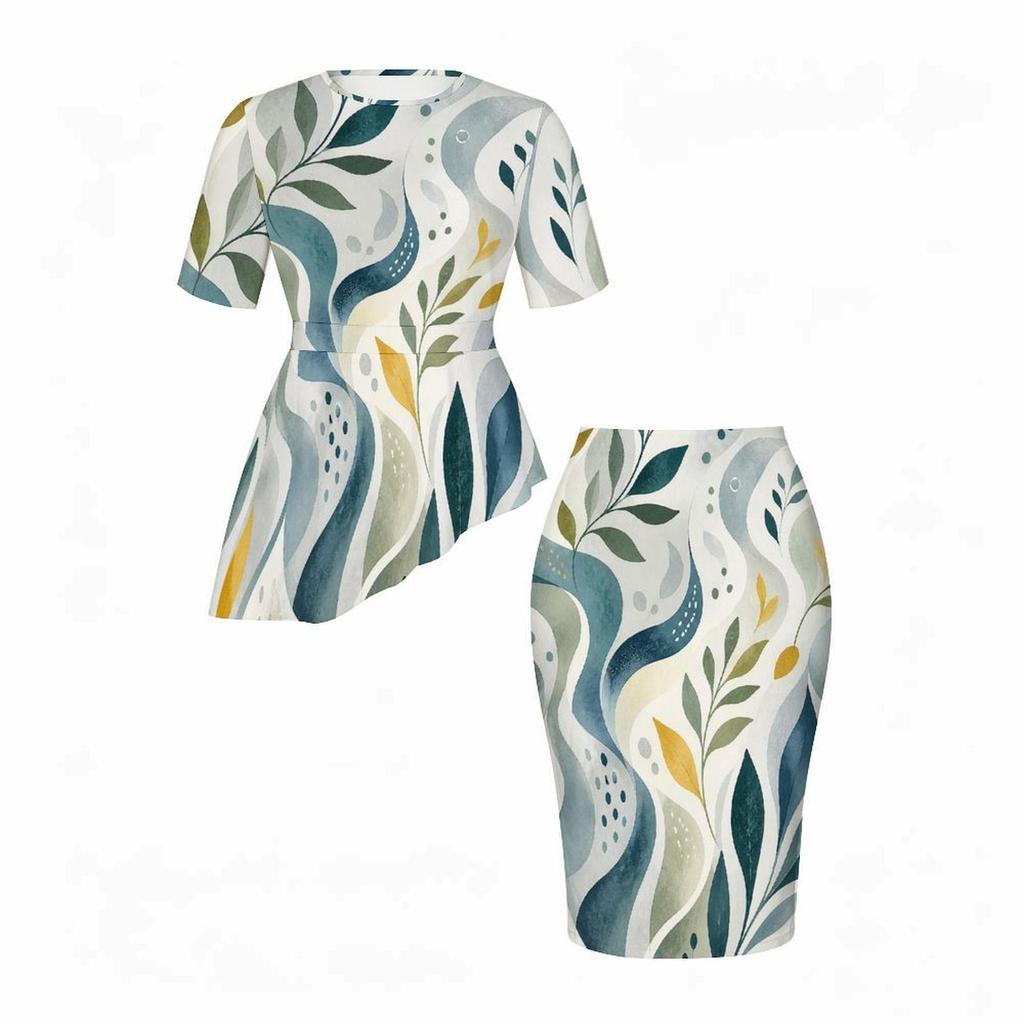 Women Plus Size Tropical Leaf Printed Round Neck Short Sleeve Asymmetric Top Fitted Skirt Two Piece Set