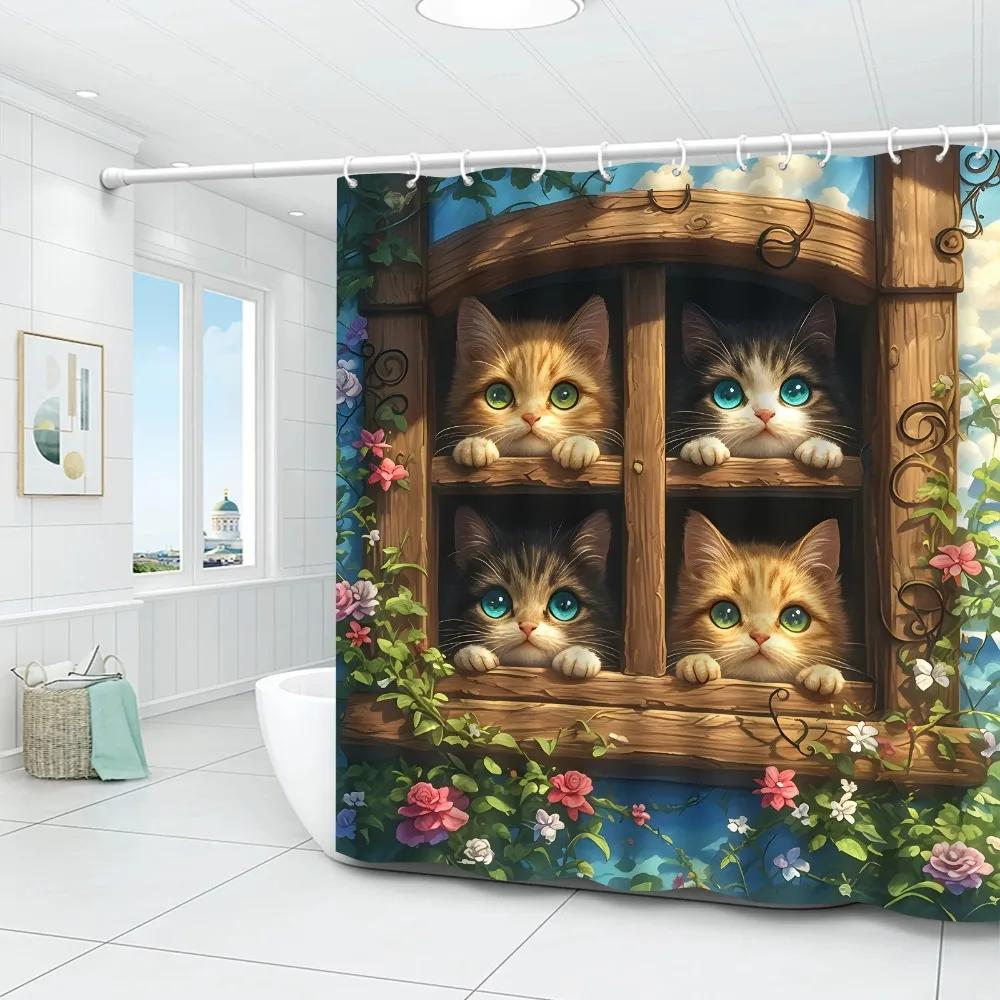 Animal Print Kids' Shower Curtain With Cat Theme, Washable Polyester Fabric, Grommet Top Style, Machine Washable