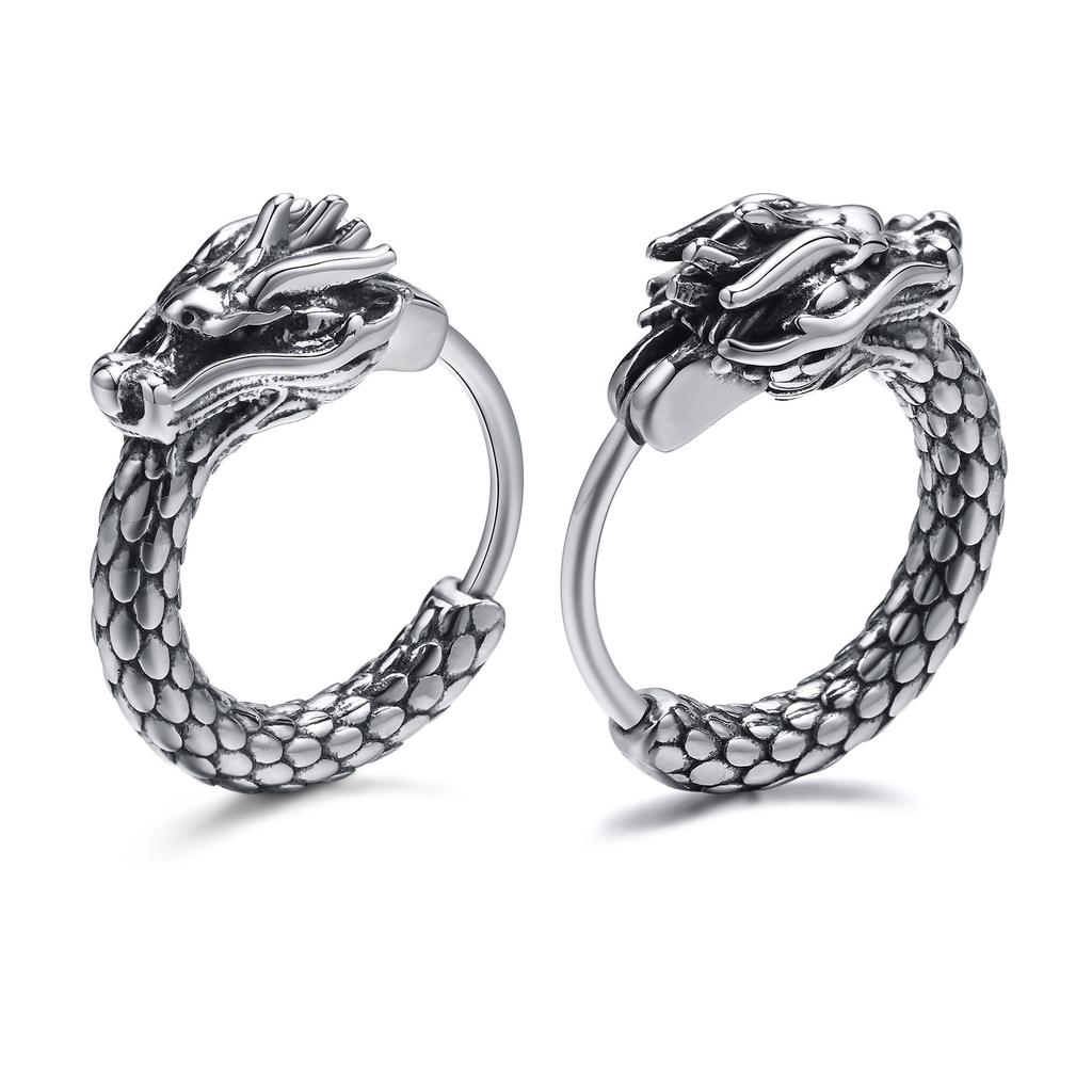 Vnox Retro Dragon Head Huggie, Vintage Stainless Steel Men Hoop Earrings, Cool Tranditinal Chinese Lucky Almut Boy Jewelry