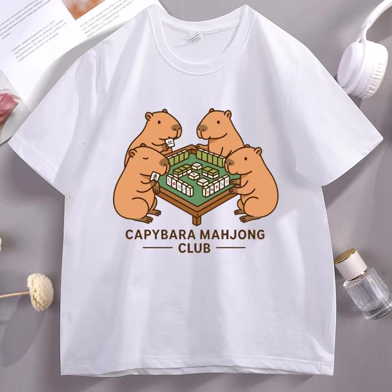 Capybara Mahjong TShirt Funny Mahjong Graphic T Shirts Unisex Women Casual Round Neck Short Sleeve Top Streetwear Clothes 2XL