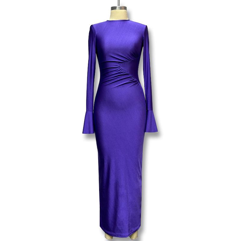 2025 Autumn Ruched Flare Sleeve Slim Fit Dress with Waist-Defining and Hip-Hugging Silhouette