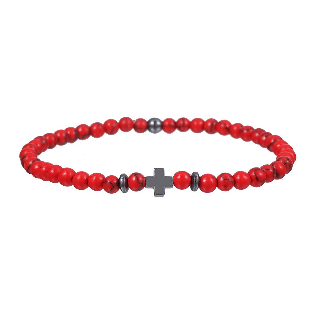Herren Armband mit Hämatit und rotem Türkis Kreuz mit Lavasteinperlen - Geschenk für Paare