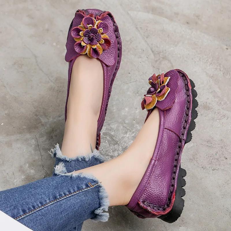 Fashion 2025 Soft Genuine Leather Flat Shoes Women Flats with Flowers Ladies Shoes Women Designers Loafers Slip On Hot Selling