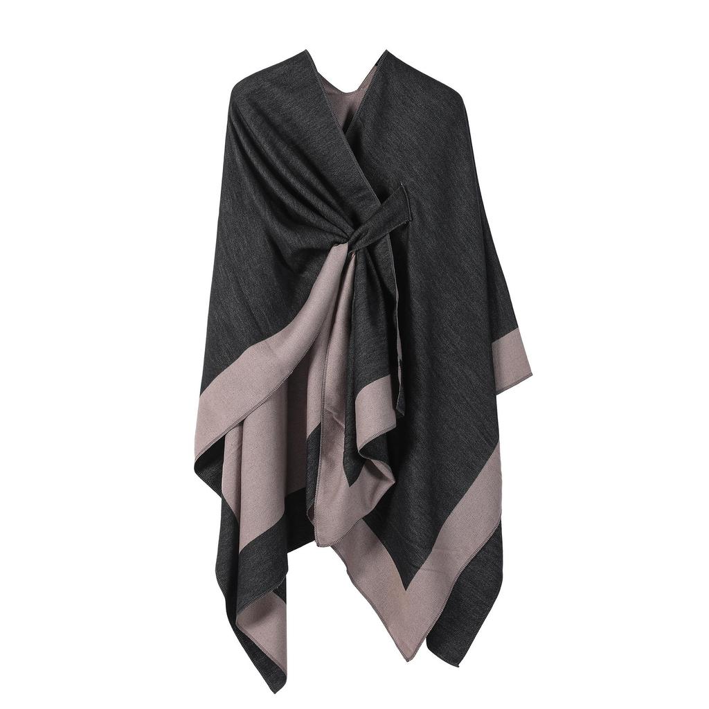 Multi-Functional Women's Solid Color Shawl Cloak with Fringe