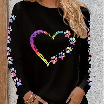Tops For Women Colorful Love Graffiti Print Round Neck Long Sleeve T-shirt Fall Casual Slim Pullover Women's Long Sleeve Top