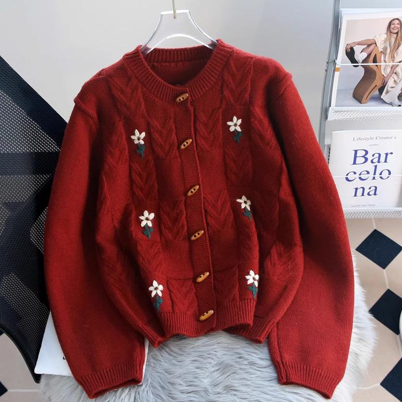 Vintage Heavy Embroidery Cable Knit Sweater Coat Women Autumn Loose Thick Lazy Style Cardigan