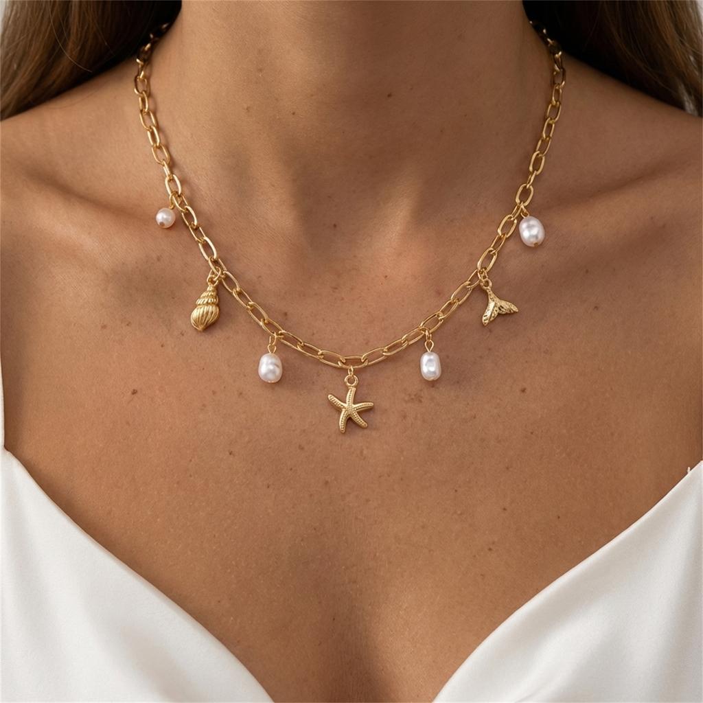 Boho Metal Starfish Conch Pendant Necklace For Women Imitation Pearl Fishtail Coconut Tree Turtle Chain Choker Beach Jewelry