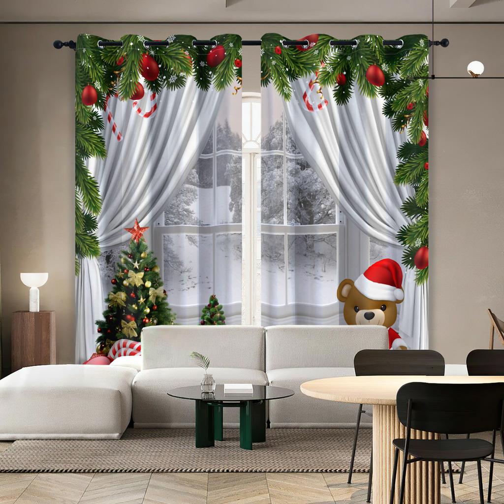 Set Of 2 Christmas Teddy Bear Print Curtains Insulation Multiple Sizes Living Room Bedroom Decoration Curtain Blackout For Made Polyester Machine