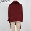 BITCED Fall/Winter Fringe Cape Shawl with Fur Collar Solid-Color Knit Sweater Jacket