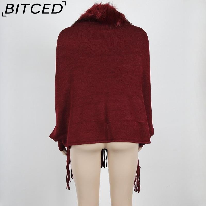 BITCED Fall/Winter Fringe Cape Shawl with Fur Collar Solid-Color Knit Sweater Jacket