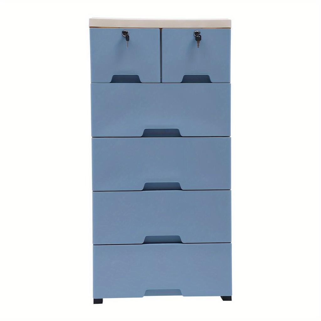 6-Drawer Modular Storage Cabinet – PP Plastic Dresser with Wheels & Locks – White/Blue – 50 x 35 x 102 cm