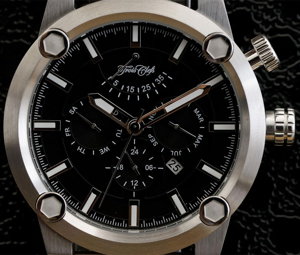 Trois Clefs Mechanisches Automatikwerk mit Handaufzug, analoges japanisches Uhrwerk, Gangreserve, Kalender, Edelstahlarmband, 10 ATM wasserdicht, Leder