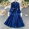 Autumn Elegant Lantern Sleeve Mesh Lace Patchwork Midi Dress for Women Vintage Flower Embroidery Single-breasted Party Dresses with Belt