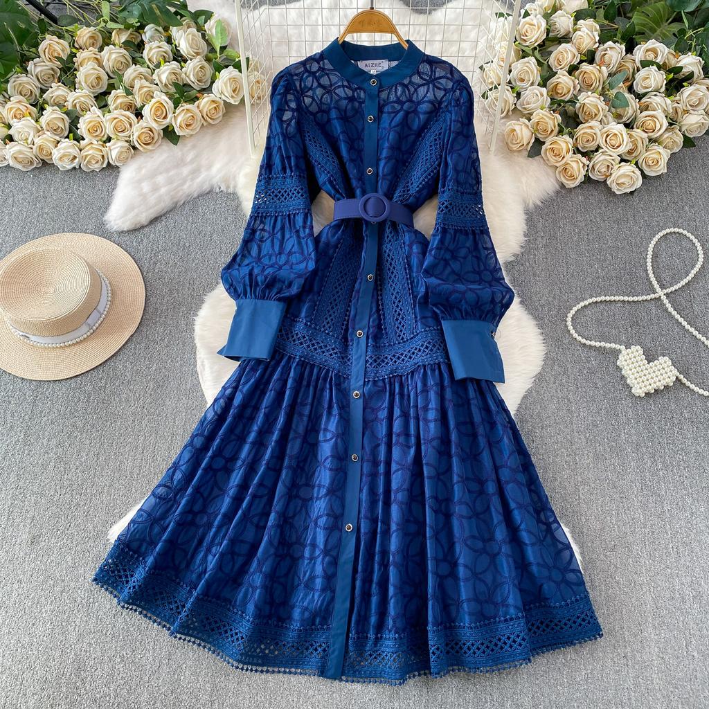 Autumn Elegant Lantern Sleeve Mesh Lace Patchwork Midi Dress for Women Vintage Flower Embroidery Single-breasted Party Dresses with Belt