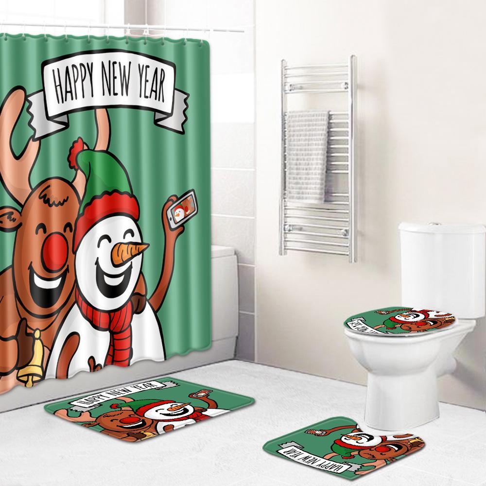 Hot Christmas Bathroom Shower Curtain Four-Piece Combination Floor Mat Bathroom Water-Absorbing Non-Slip Door Mat Carpet