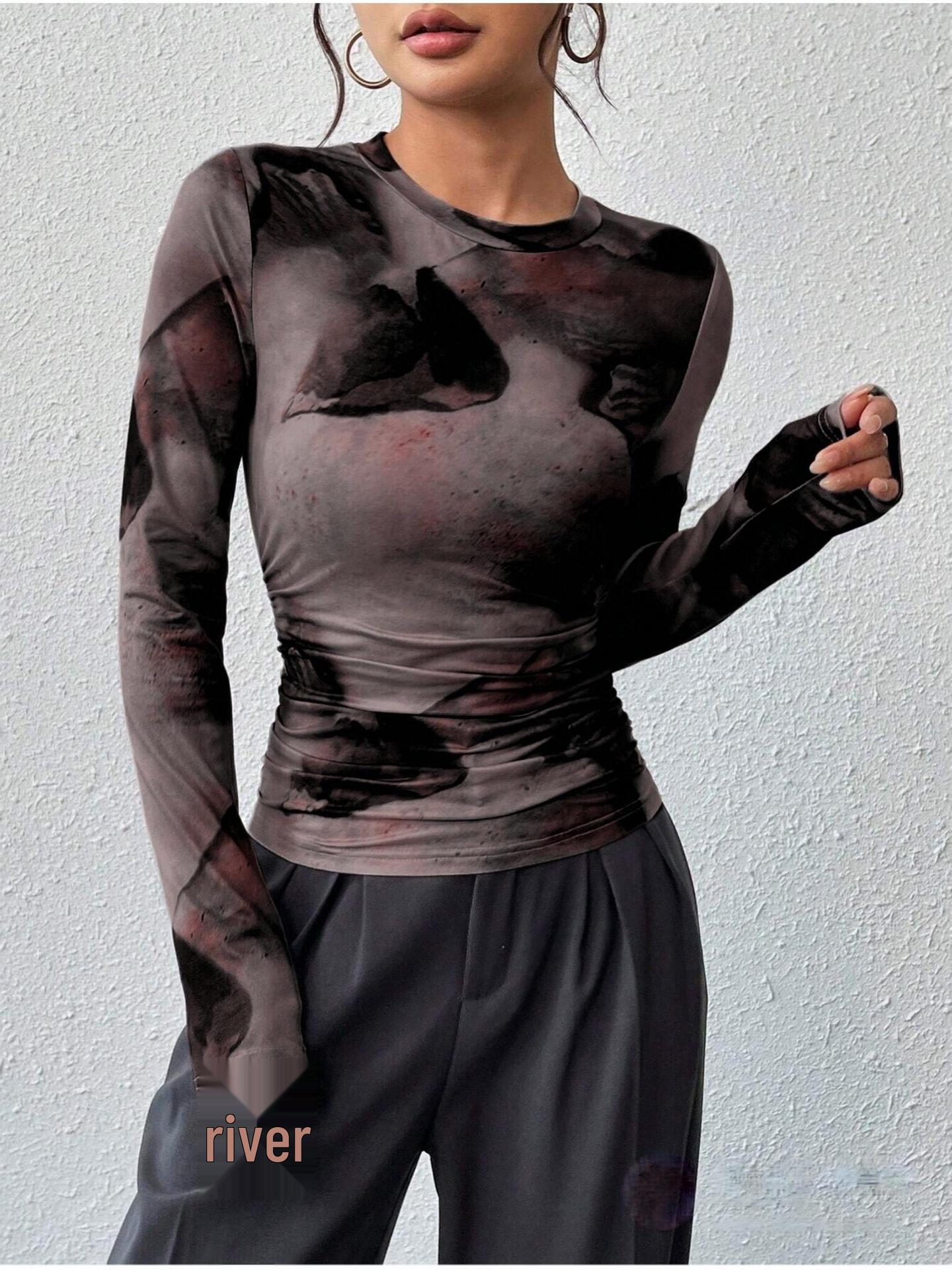 European Retro Print Milk Silk Long-Sleeve T-Shirt - Women s Trendy Slim Fit Summer Style Small